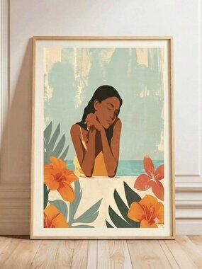 Vintage Hawaiian Island Girl Poster, Tropical Beach House Art Print